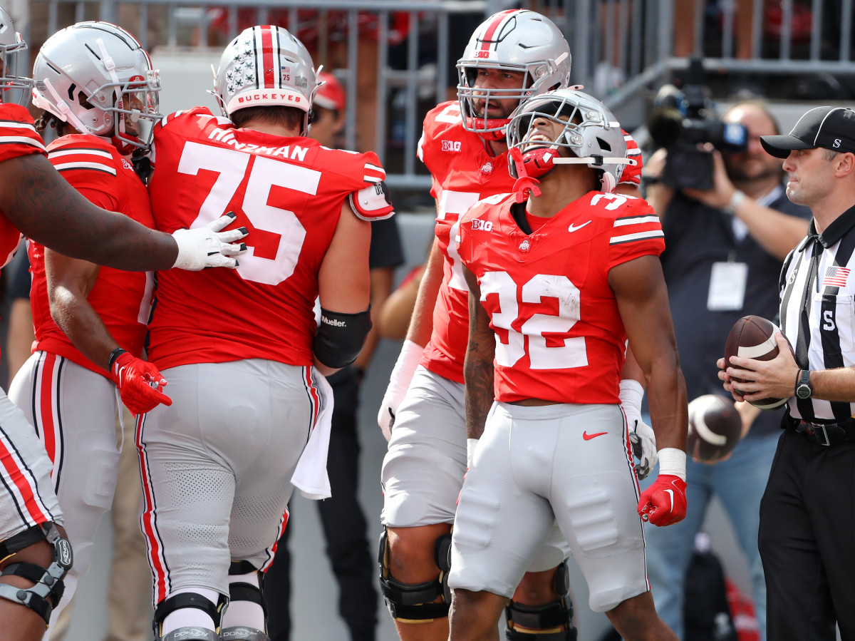 Treyveon Henderson has exploded for two first-half TDs